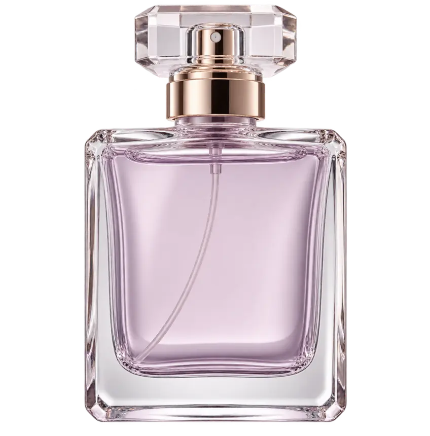 Serein — a squared crystal flacon of pale lavender extrait with a faceted stopper and champagne-gold collar.