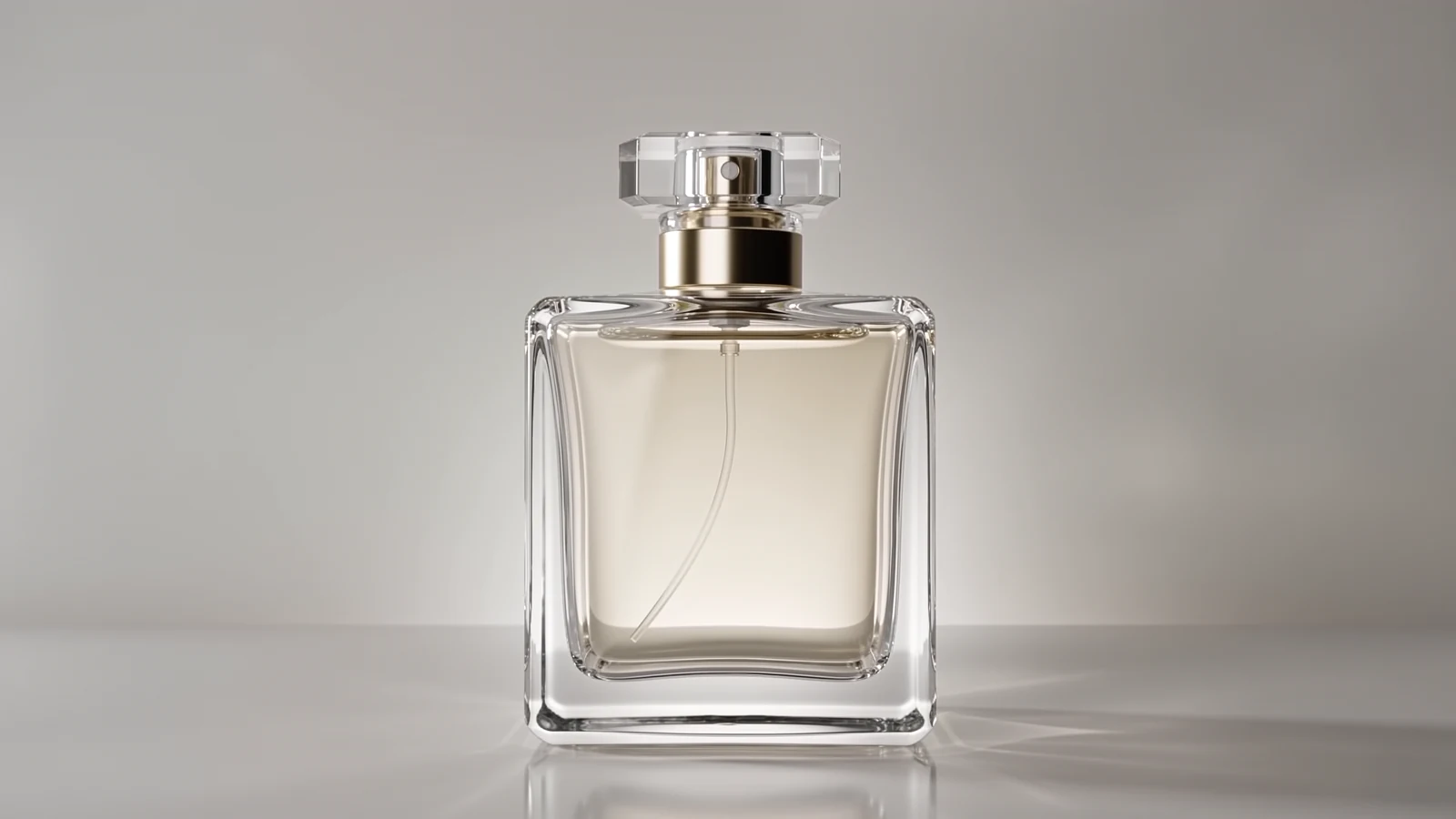 A crystal flacon of Maison Élanor extrait on a pale stone surface, its faceted stopper lifted just clear of the neck.